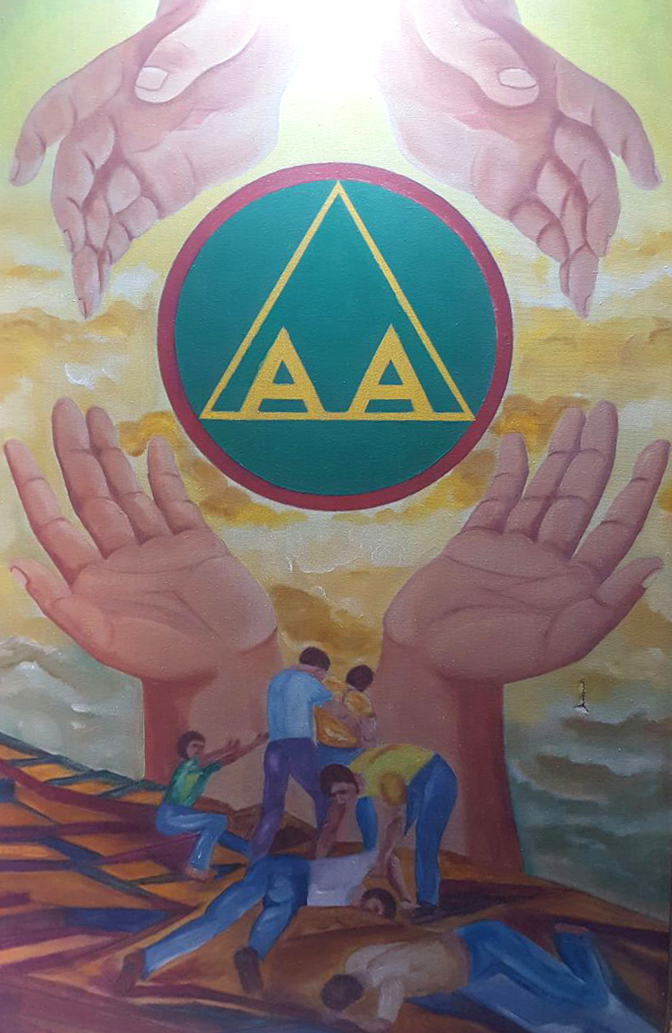 Óleo sobre tela representando El Milagro de A.A. Los Doce Pasos son un conjunto de principios de naturaleza espiritual que, si se adoptan como una forma de vida, pueden liberar al enfermo de la obsesión por beber y transformarle en un ser íntegro, útil y feliz.